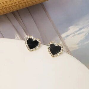 Black Heart Stud Earrings w/ Sparkling Rhinestones